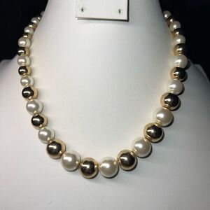 KR Signed Vintage Faux Pearl and Gold Bead Necklace